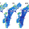 The image represents colour-shaded bathymetric maps of Lagoon of Venice (from left to right: 1927, 1970; 2002)